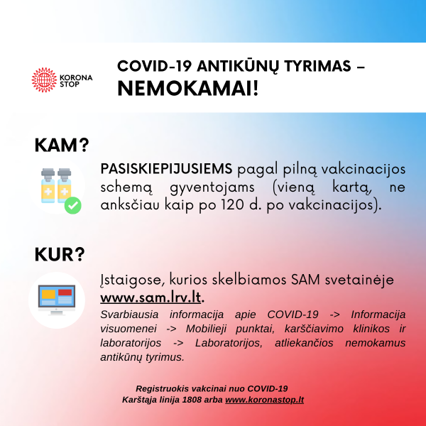Nuo gruodžio 1 d. pasiskiepiję žmonės galės atlikti nemokamą antikūnų testą